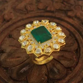 Кольцо из стерлингового серебра 925 пробы с позолоченным изумрудом и кундан-польки