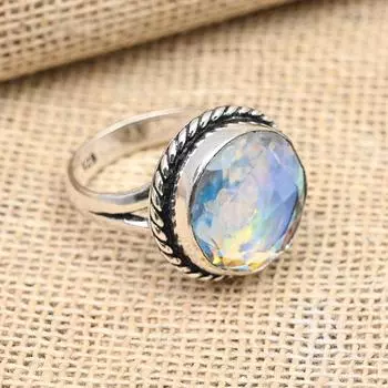 Кольцо из стерлингового серебра 925 пробы с радужным мистическим топазом ручной работы из твердого серебра для подарка 4 белый