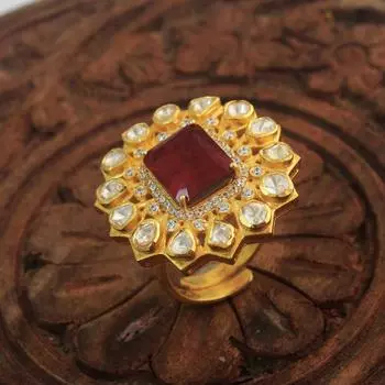 Кольцо из стерлингового серебра 925 пробы с золотой отделкой и рубинами и кундан-польки