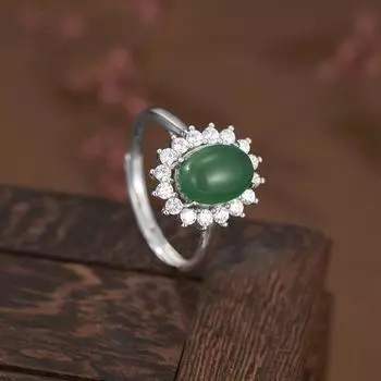 Кольцо из стерлингового серебра S925 пробы с халцедоном, открытое женское кольцо, высококачественное инкрустированное кольцо в форме яйца, серебряный держатель для кольца, модные ювелирные изделия с изображением подсолнуха Opening Adjustable