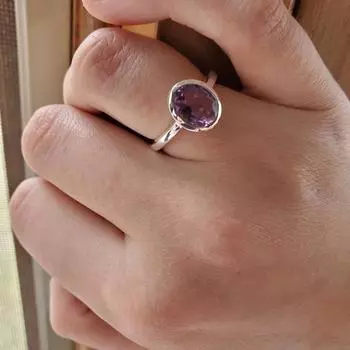 Кольцо из стерлингового серебра с овальным аметистом ~ Минималистичный ~ Камень февраля Us 4 фиолетовый