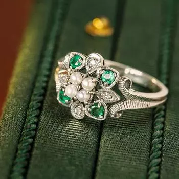 Кольцо из стерлингового серебра с жемчугом, бриллиантами и цирконом, нишевый дизайн в придворном стиле для женщин US Size 9