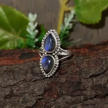 Кольцо из твердого серебра 925 пробы с натуральным лабрадоритом, кольцо ручной работы, эффектное кольцо, вечернее кольцо, серебряные украшения, рождественский подарок 6