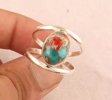 Кольцо из устричной меди с бирюзой, штабелируемое кольцо, женское кольцо, эффектное кольцо, кольцо в стиле бохо, серебряные украшения 925 пробы, кольцо ручной работы 6