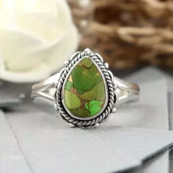 Кольцо из зеленого медного камня с бирюзой и грушей, кольцо из стерлингового серебра 925 пробы, богемное кольцо, серебряные украшения, кольцо на продажу, кольцо для вечеринки 6