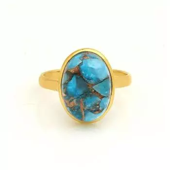 Кольцо из желтого золота с синей медью и бирюзой, ювелирные изделия ручной работы, подарок на годовщину, кольцо в стиле бохо, кольцо с безелем, кольцо унисекс, серебро 925 пробы 6