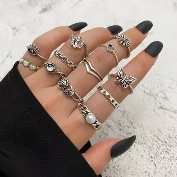 Кольцо Элегантное винтажное кольцо с бабочкой Солнце Винтажное любовное кольцо Комплект для пары Ручная резная вечеринка Кольцо Инь Ян Девушка Студент Кольцо Змея серебряный