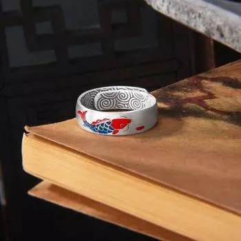 Кольцо JMXD-like «Утка в воде, чтобы привлечь богатство» с изображением кои Фуюй в стиле ретро Guochao с цветной эмалью и маленькой рыбкой