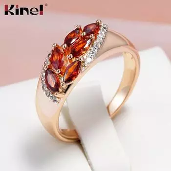 Кольцо Kinel Red Zircon Flower для женщин из розового золота, роскошные ювелирные изделия, свадебное праздничное кольцо, подарок 7