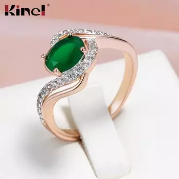 Кольцо Kinel с зеленым цирконом для женщин, серебряное и розовое золото, роскошное ювелирное кольцо в подарок 7