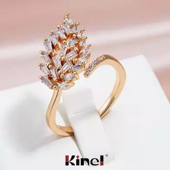 Кольцо Kinel в форме листа с искрящимся цирконием для женщин, регулируемое по размеру кольцо розового золота с открытым концом