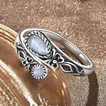 Кольцо, кольцо с лунным камнем, серебристого цвета, регулируемое кольцо, бохо, винтажное, кольцо из ложки, бабочка, синтетический камень, подарок серебряный
