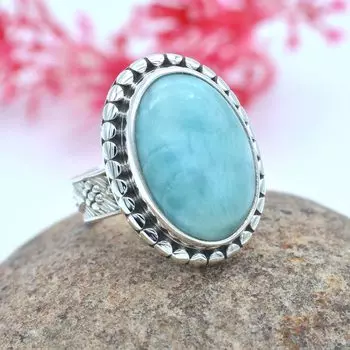 Кольцо Ларимар с драгоценным камнем Кольцо из стерлингового серебра 925 пробы Камень ручной работы Твердый бохо-шик Камень Плетеные украшения для женщин - 8,9 г 5 синий