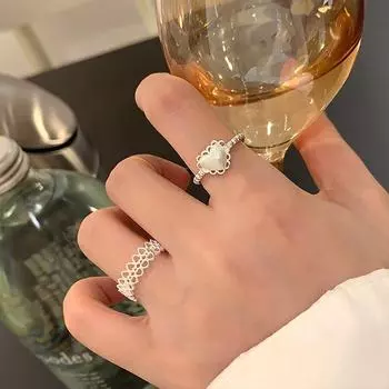 Кольцо Love Ring с кружевным краем и матовым узором, регулируемый открытый дизайн для женщин - интернет-стиль знаменитостей J956 model A серебряный