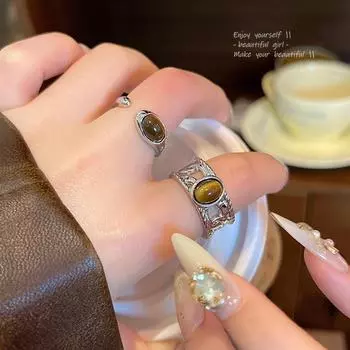 Кольцо Майяра с открытым указательным пальцем и камнем тигровый глаз для женщин - осенне-зимний нишевый дизайн высокого класса J964 b серебряный