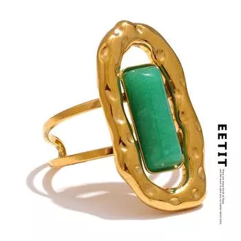 Кольцо-манжета из натурального камня Eetit с зеленым агатом, открытое, регулируемое, 18-каратное PVD-покрытие из нержавеющей стали, золотое, модное ювелирное украшение на палец, подарок 2024 года золотой