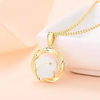 Кольцо Мебиуса с нефритовым кроликом, ожерелье на день рождения для девушки, кулон с кроликом, цепочка на ключицу