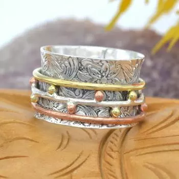 Кольцо Meditation Three Tone Spinner Band Ring Стерлинговое серебро 925 пробы Ювелирные изделия ручной работы 6 серебряный