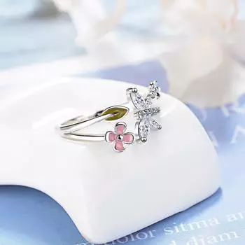 Кольцо на палец из стерлингового серебра 925 пробы с бабочкой и цирконием, с цветочным украшением для лучшего подарка на рождественскую вечеринку S-R386 Resizable