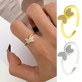 Кольцо на палец, регулируемое тонкое мастерство, декоративное геометрическое украшение со стразами, блестящее модное открытое кольцо с бабочкой золотистый