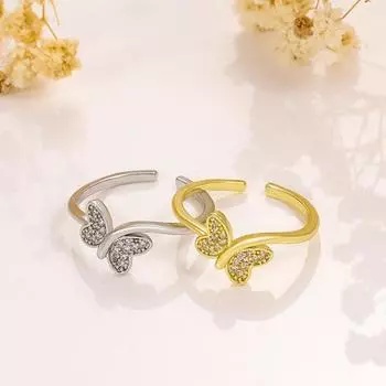 Кольцо на палец, регулируемое тонкое мастерство, декоративное геометрическое украшение со стразами, блестящее модное открытое кольцо с бабочкой золотистый