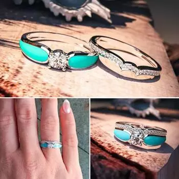 Кольцо на палец с искусственной бирюзой и океанской волной, съемный двухслойный элегантный подарок, гипоаллергенный блестящий горный хрусталь US 8