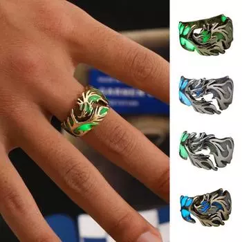 Кольцо на палец светится в темноте Регулируемая гальваническая резьба Геометрическое украшение Модный предмет Мужское светящееся кольцо дракона Ювелирный аксессуар светло-синий