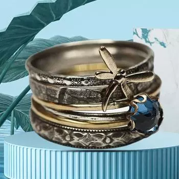 Кольцо на палец в винтажном стиле, многослойное антидеформирующееся синее обручальное кольцо со стрекозой из искусственного кристалла для свиданий US 9 бронзовый