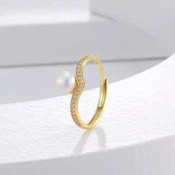 Кольцо на указательный палец из простого серебра S925 с V-образным жемчугом и тонким рядом бриллиантов, регулируемое, женское, модное, дизайнерское adjustable opening белого золота