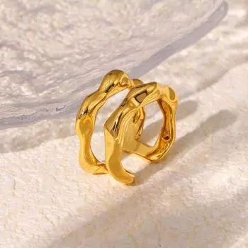 Кольцо на указательный палец с неровными геометрическими линиями, отверстием из медного материала, покрытого настоящим золотом 18 карат No. 7