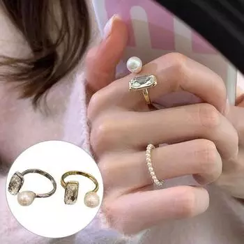 Кольцо Не выцветает Гальваническое покрытие Регулируемое геометрическое украшение Цирконий Гипоаллергенный Модный искусственный жемчуг серебряный