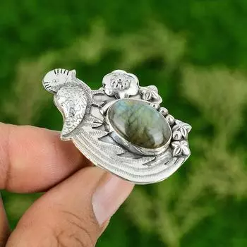 Кольцо-обещание с натуральным камнем лабрадоритом, регулируемое, из стерлингового серебра 925 пробы Adjustable