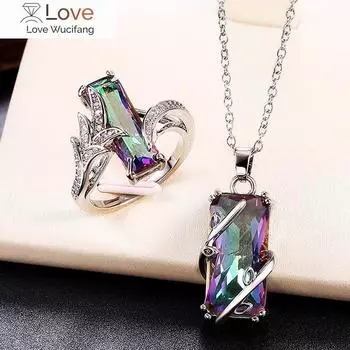 Кольцо/ожерелье из разноцветных прямоугольных камней Huitan, комплект с новым дизайном для вечеринки на годовщину, женские ювелирные изделия, прямые продажи с фабрики 7