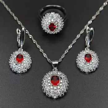 Кольцо, ожерелье, серьги, комплект из трех украшений «Волна» с цветком и цирконом Size 6 ring three-piece set красный