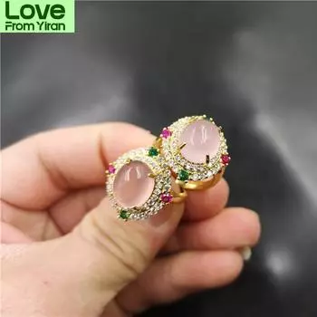 Кольцо Parity Jade Gold - инкрустированное розовым агатом женское кольцо полное бриллиантов - инкрустированное Resizable розовый