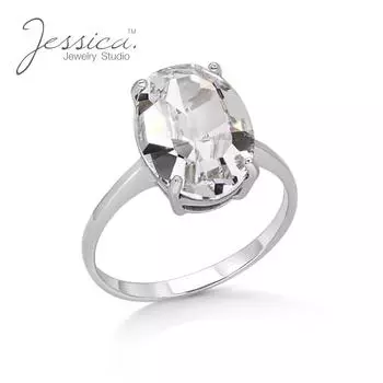 Кольцо-пасьянс с большим кристаллом овальной огранки из стерлингового серебра 925 пробы для женщин