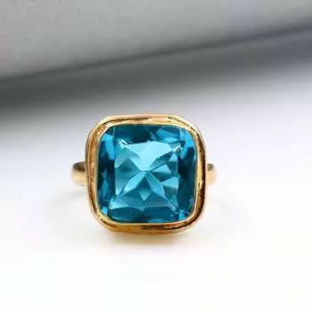 Кольцо-подушка из стерлингового серебра 925 пробы с синим топазом, выращенным в лаборатории, кольцо из желтого золота, кольцо ручной работы, дизайнерское кольцо 6