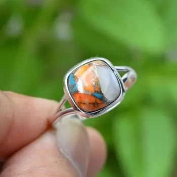 Кольцо-подушка с медной устрицей и бирюзой, кольцо из цельного серебра 925 пробы, кольцо с безелем, эффектные ювелирные изделия, женское кольцо, юбилейное кольцо 6