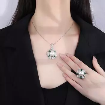 Кольцо-подвеска из двух частей с жемчугом и изумрудом в стиле ретро для женщин