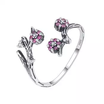 Кольцо разомкнутое из стерлингового серебра 925 пробы с розовым цветком сливы - Винтажные цветочные окисленные украшения для женщин Adjustable Open