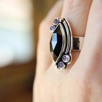 Кольцо Rosecut Marquise Black Onyx, кольцо Rosecut Black Onyx и Amethyst, большое эффектное кольцо, индивидуальная сборка с камнями по вашему выбору, подарок Us 4 чёрный
