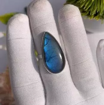 Кольцо ручной работы из цельного серебра 925 пробы с драгоценным камнем лабрадоритом, эффектное женское кольцо, подарок для нее. синий