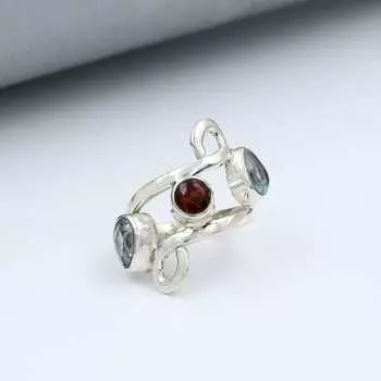 Кольцо ручной работы из цельного серебра 925 пробы с гранатом и голубым топазом, эффектное кольцо, подарок на годовщину, серебряные украшения, кольцо для вечеринки 6