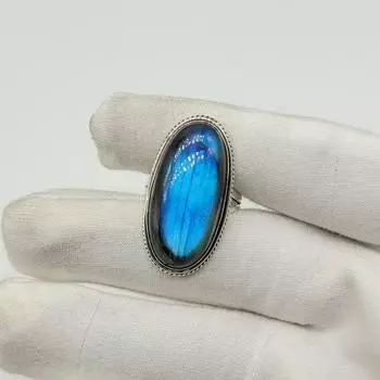 Кольцо ручной работы из цельного серебра 925 пробы с драгоценным камнем лабрадоритом, эффектное женское кольцо, подарок для нее. синий