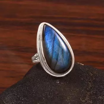 Кольцо ручной работы из цельного серебра 925 пробы с драгоценным камнем лабрадоритом, эффектное женское кольцо, подарок для нее. синий