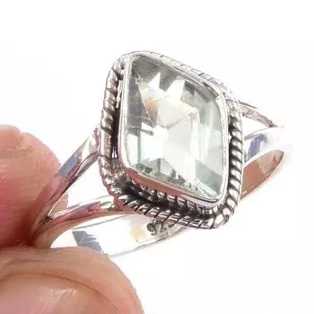 Кольцо ручной работы из чистого серебра 925 пробы с натуральным зеленым аметистом S.6 W7m82