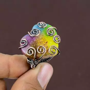 Кольцо ручной работы из медной проволоки с натуральным радужным солнечным кварцем и драгоценным камнем S.7.5 f1I50