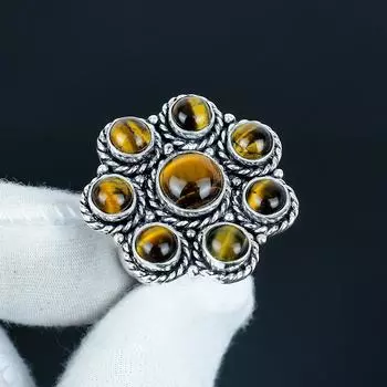 Кольцо ручной работы из натурального камня Тигровый глаз из стерлингового серебра 925 пробы - Кольцо в богемном стиле - Украшения бохо ручной работы для женщин и мужчин, подарки для вечеринок 4 коричневый