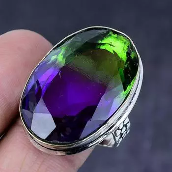 Кольцо ручной работы из натурального двухцветного турмалина из серебра 925 пробы S.7 d1U15