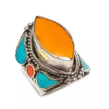 Кольцо ручной работы из натуральной тибетской бирюзы и кораллового камня, размер 10,5 B0N67